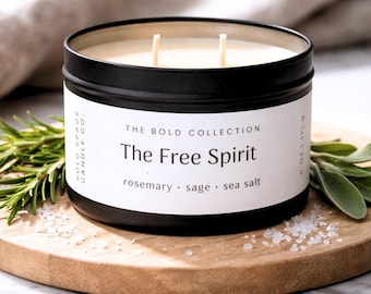 Rosemary Sage and Sea Salt Soy Candle: Herbal Scent, Meditation Self-Care, Aromatherapy, 6 oz. Matte Black Tin, Relaxation Candle