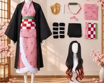 Fan-Inspired Anime Demon Girl Cosplay Costume, Age 5–12, Japanese-Inspired Kimono Dress, Halloween Outfit