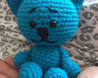 Handmade crochet blue kitten cuddly toy in acrylic wool and cotton