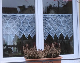 Pair of handmade crochet break-up curtains or cantoners