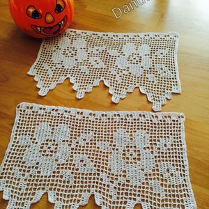 Pair of handmade crochet break-up curtains or cantoners