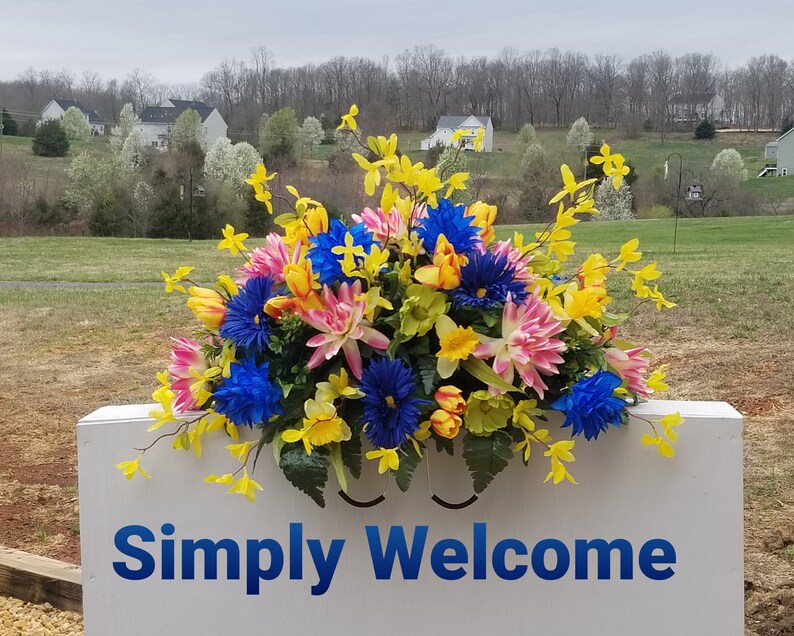 Blue Yellow Headstone Saddle Grave Saddle Cemetery Flowers ...