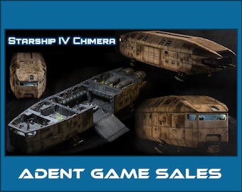 May include: A model of the Starship IV Chimera from the TV show "Battlestar Galactica". The model is made of plastic and is painted in a brown and grey colour scheme. The model is shown from multiple angles, including the top, side, and bottom. The model is a detailed replica of the ship, with all of the major features and details included. The model is a great addition to any "Battlestar Galactica" fan's collection.