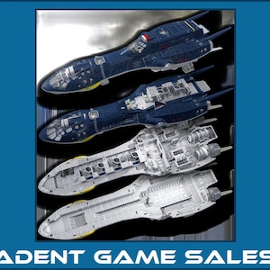 May include: A blue and white spaceship model with a detailed interior. The model is shown in four different views, including the top, bottom, and side. The model is made of plastic and is approximately 12 inches long.