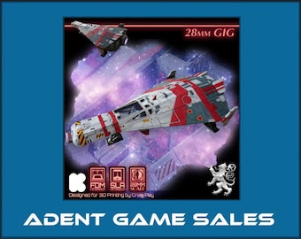 Puede incluir: Un modelo de nave espacial blanco, rojo y gris con una franja amarilla. El modelo está a escala de 28 mm y está diseñado para la impresión 3D. La imagen está sobre un fondo de nebulosa púrpura y rosa. El texto "28MM GIG" está en la esquina superior derecha de la imagen. El texto "FDM SLA 28MM SCALE" está en la esquina inferior izquierda de la imagen. El texto "Designed for 3D Printing by Craig Pay" está debajo del texto "FDM SLA 28MM SCALE". El texto "ADENT GAME SALES" está en la parte inferior de la imagen.