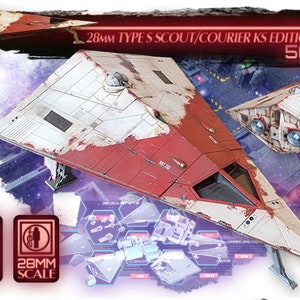 May include: A 28mm scale model of a red and white spaceship with a weathered look. The model is labeled "28MM TYPE S SCOUT/COURIER KS EDITION 50&euro;". The image also includes a close-up of the spaceship's cockpit and a diagram of the model's parts.