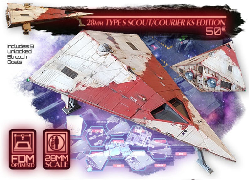 May include: A 28mm scale model of a red and white spaceship with a weathered look. The model is labeled "28MM TYPE S SCOUT/COURIER KS EDITION 50&euro;". The image also includes a close-up of the spaceship's cockpit and a diagram of the model's parts.