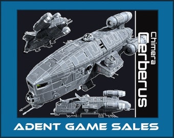 Op de afbeelding: Een 3D-model van een ruimteschip genaamd de Chimera Cerberus. Het model is in draadframe-stijl en wordt vanuit verschillende hoeken getoond. De tekst "Chimera Cerberus" en "Adent Game Sales" is zichtbaar in de afbeelding.