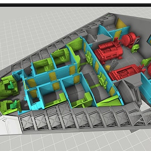 May include: A 3D model of a spaceship interior with different colored rooms. The model is divided into sections, each with a different color. The sections are labeled with different names. The model is being viewed from above.