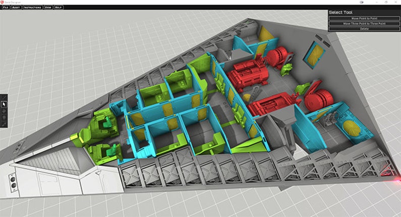 May include: A 3D model of a spaceship interior with different colored rooms. The model is divided into sections, each with a different color. The sections are labeled with different names. The model is being viewed from above.