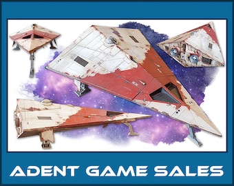 May include: A red and white spaceship model with a weathered, distressed paint finish. The model is shown from multiple angles, including a top-down view, a side view, and a bottom view. The model is set against a backdrop of a purple and pink nebula.