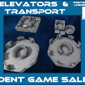 May include: A set of 3D printed miniature room pieces for tabletop games. The set includes a circular room with a central platform, a smaller circular room, and a square room with a raised platform. The pieces are made of a light gray plastic and have a detailed design.