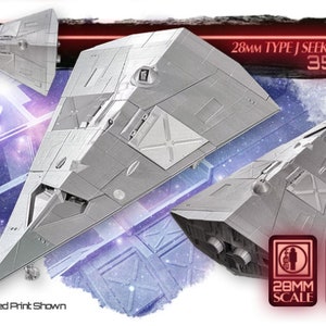 May include: A 28mm scale, unpainted, 3D printed spaceship model of a Type J Seeker. The model is designed for FDM printing and is shown in multiple angles. The text "28mm TYPE J SEEKER 35&euro;" is visible in the image.