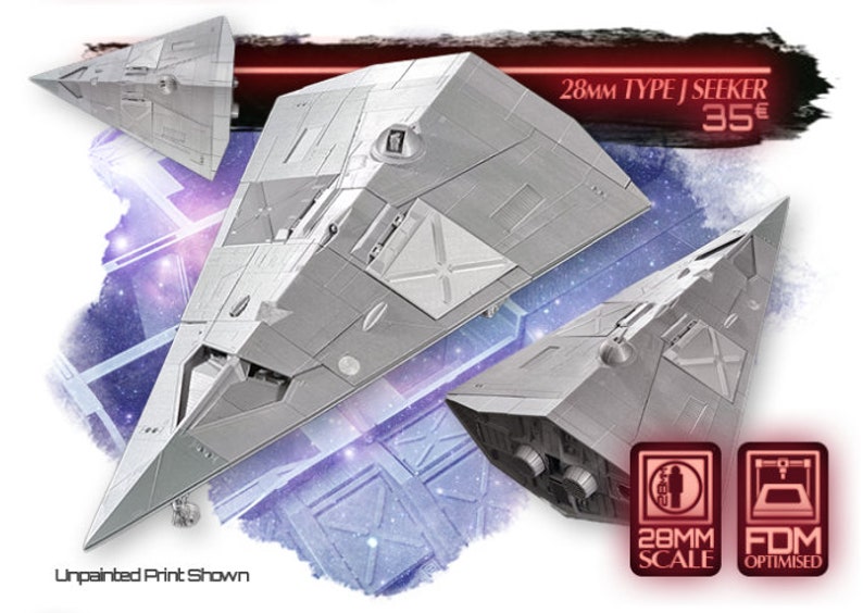 May include: A 28mm scale, unpainted, 3D printed spaceship model of a Type J Seeker. The model is designed for FDM printing and is shown in multiple angles. The text "28mm TYPE J SEEKER 35&euro;" is visible in the image.