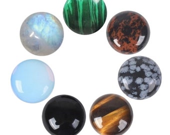 Cabochon rond 20mm au choix : malachite, obsidienne mahogany, obsidienne mouchetée, oeil de tigre, onyx, opalite, pierre de lune arc-en-ciel