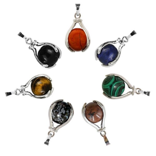 Pendentif main enlacée en plaqué argent - au choix : jaspe rouge, lapis lazuli, malachite, obsidienne, oeil de tigre, onyx