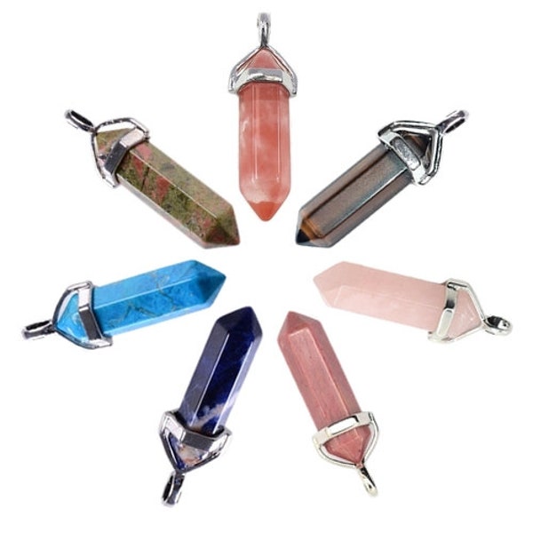 Pendentif double pointe en plaqué argent - au choix : quartz cerise, quartz fumé, quartz rose, rhodonite, sodalite, turquoise, unakite