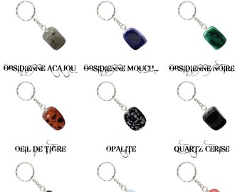 Porte clef pierre roulée en plaqué argent au choix : labradorite, lapis lazuli, malachite, obsidienne, oeil de tigre, opalite, quartz cerise