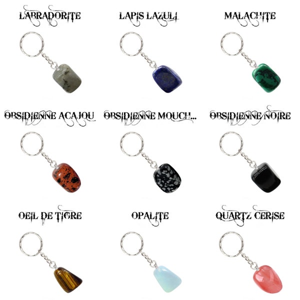 Porte clef pierre roulée en plaqué argent au choix : labradorite, lapis lazuli, malachite, obsidienne, oeil de tigre, opalite, quartz cerise