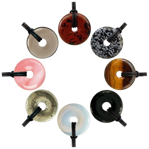 Collier pendentif donut pi-chinois 30mm - au choix : obsidienne, oeil de tigre, onyx, opalite, pyrite, quartz cerise, quartz fumé
