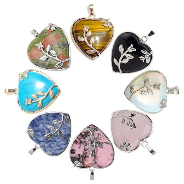Pendentif coeur floral en plaqué argent - au choix : oeil de tigre, onyx, opalite, quartz rose, rhodonite, sodalite, turquoise, unakite