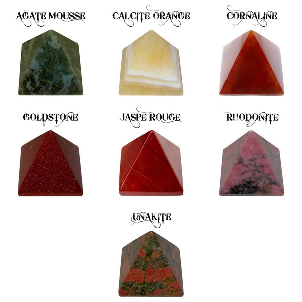 Pyramide en pierre naturelle - au choix : agate mousse, calcite orange, cornaline, goldstone, jaspe rouge, rhodonite, unakite