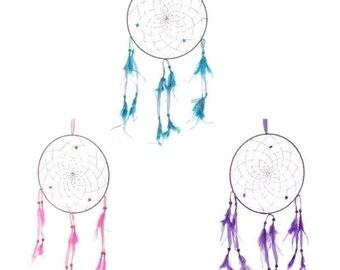 Attrape-reves (ou dreamcatcher) en plumes veritables 21.5cm - au choix : bleu, rose, violet