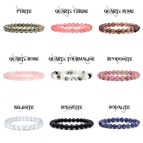 Bracelet perles rondes 8mm - pyrite, quartz cerise, quartz fumé, quartz rose, quartz tourmaline, rhodonite, sélénite, shungite, sodalite