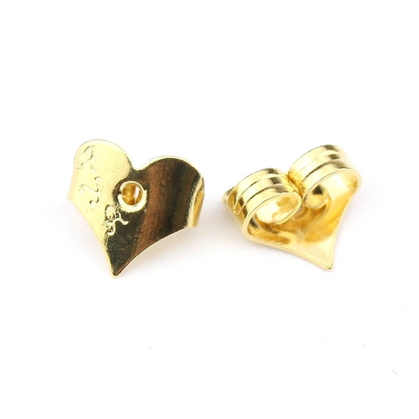 Lot de 2 Poussoirs en Plaqué Or 18 carats Forme coeur Apprets de bijouterie pour la création de bijoux personnalisés clou d'oreille