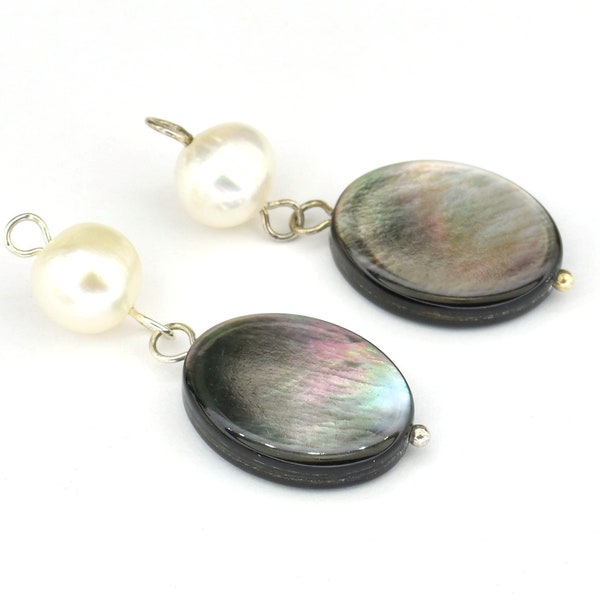 Une paire Perle de culture blanche Véritable Perle d'eau douce et nacre noire de Tahiti Pour boucle d'oreille pendentif