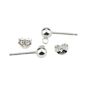 925 Solid Sterling Silver Rhodium plated Pair of Earrings stud Ball 3 or 4 mm with soldered ring and Ear nuts For jewelry makers