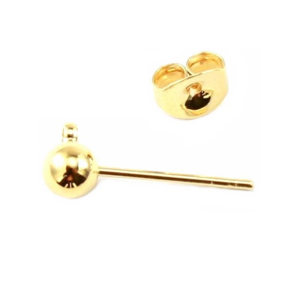 Boucle d'oreille Tige boule en Plaqué Or 24 carats, poussoirs adaptés Boule 4 mm avec anneau soudé Une base pour les créateurs de bijoux