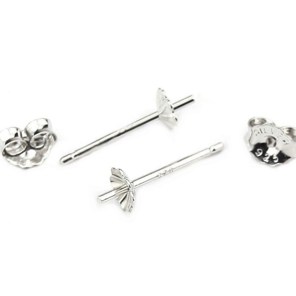 Boucle d'oreille Clou Tige en Argent Massif 925 Rhodié Coupelle Fleur ou  Etoile Pour perle semi percée Pour vos création de bijoux