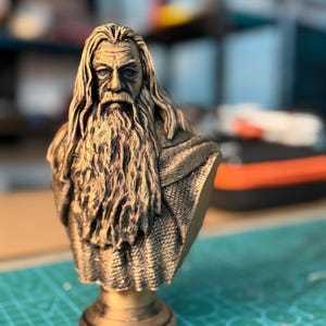 May include: A bronze-colored bust of a wise, elderly man with a long beard and flowing hair. The sculpture is detailed, with visible wrinkles and textures. The bust is mounted on a pedestal, and the background is blurred.