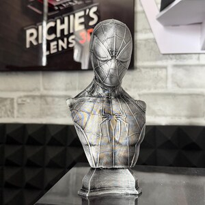 May include: A silver-colored Spider-Man bust, featuring the character's mask and torso. The bust has a textured finish and a spider emblem on the chest. The bust is displayed on a black surface.