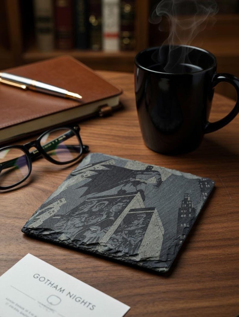 May include: A black and gray slate coaster featuring a Batman comic book design. The coaster is square and sits on a wooden surface, next to a black mug, glasses, and a notebook. The text "Gotham Nights" is visible.