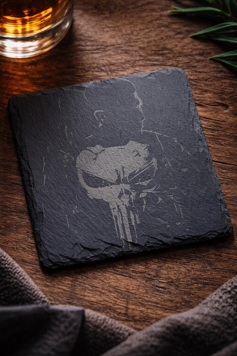 May include: Square black slate coaster with a gray graphic of a skull and the silhouette of a person. The coaster is on a wooden surface, with a glass of amber liquid in the background.