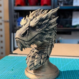 May include: A detailed, hand-painted dragon head sculpture in shades of brown and tan. The dragon has a textured, scaled appearance with sharp details, including pointed ears and a stern expression. The sculpture sits on a round base.