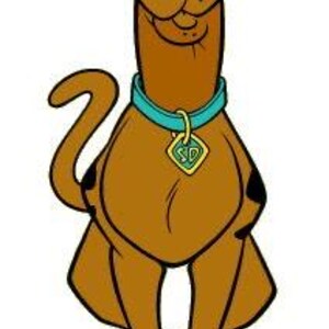 May include: Cartoon illustration of a brown dog with a long neck, wearing a teal collar with a gold tag. The dog has black eyes, a black nose, and a smiling expression. The dog is standing upright with its tail curved.