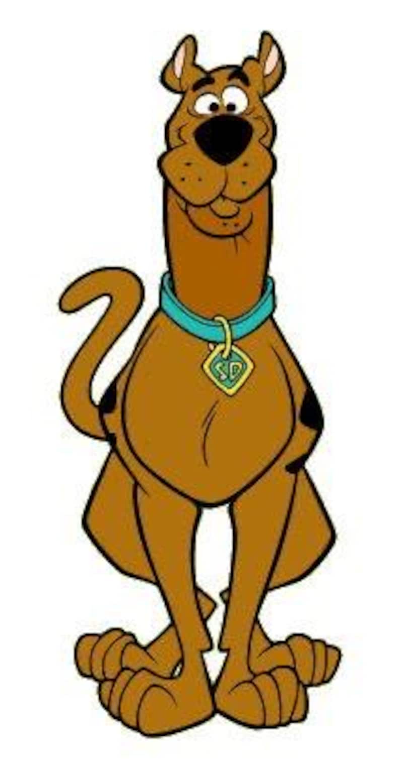 May include: Cartoon illustration of a brown dog with a long neck, wearing a teal collar with a gold tag. The dog has black eyes, a black nose, and a smiling expression. The dog is standing upright with its tail curved.