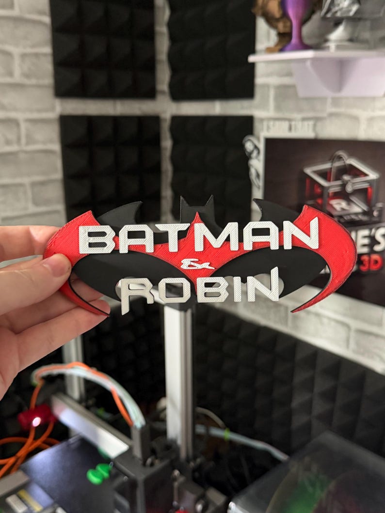 May include: A 3D printed sign featuring the black Batman bat-wing logo with a red accent layer. The text BATMAN & ROBIN is embossed in white lettering across the center of the emblem, creating a layered, multi-colored decorative display piece.