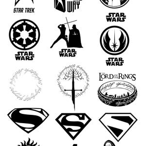 May include: A collection of black and white logos from popular movies and television shows. Logos include Star Trek, Star Wars, The Lord of the Rings, Superman, Supernatural, and the Avengers.