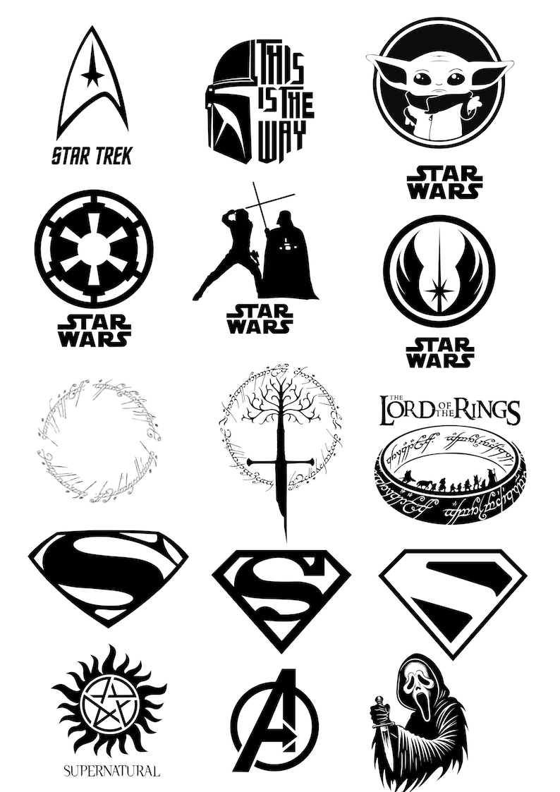 May include: A collection of black and white logos from popular movies and television shows. Logos include Star Trek, Star Wars, The Lord of the Rings, Superman, Supernatural, and the Avengers.