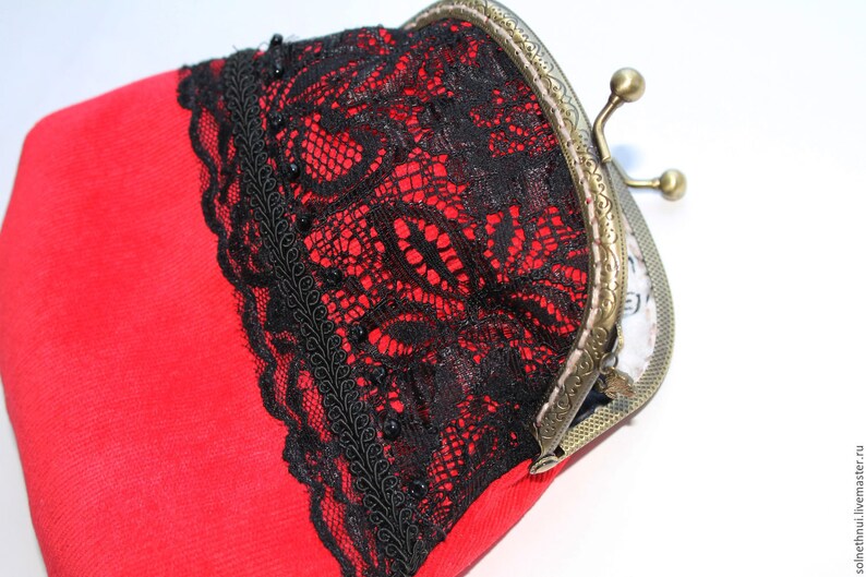 Red black bag flamenco Red velvet clutch Kiss lock Coin wallet Metal frame Kiss Lock Coin Purse Gift for her Metal Frame Purses