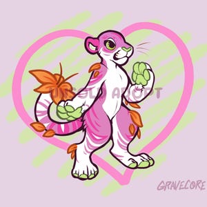 Könnte beinhalten: Cartoon-Illustration einer rosa-weißen katzenartigen Kreatur mit grünen Augen, die eine grüne Pfote hält. Die Kreatur hat orangefarbene Blattakzente und ist vor einem rosa Herzen und einem hellvioletten Hintergrund platziert. Der Text "GRAVECORE" steht unten.