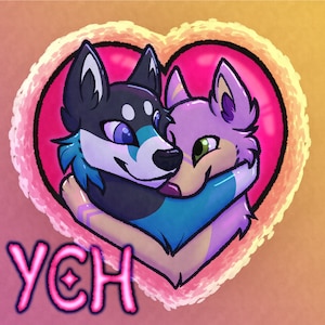 May include: Digital illustration of two anthropomorphic wolves embracing within a heart-shaped frame. One wolf has black, white, and teal fur, the other is pink and purple. The image includes the text "YCH" in pink.