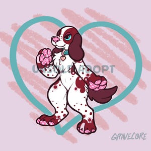 Könnte beinhalten: Ein Cartoon-Hund mit weißem Fell und kastanienbraunen Flecken, Ohren und Pfoten. Der Hund hat blaue Augen und eine rosa Nase und trägt ein herzförmiges Etikett. Der Hintergrund zeigt eine türkisfarbene Herzumrandung und den Text "USUAL ADOPT" und "GRAVECORE".