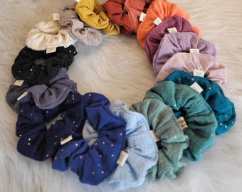 Scrunchie scrunchies in cotton gauze with gold polka dots - available in 18 colors - natural material - artisanal handmade