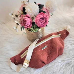 Sac banane personnalisable - 23  couleurs gaze de coton pois doré - couleur intérieure au choix - pochette intérieure - Cadeau Noël