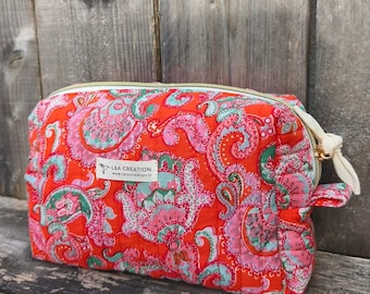 Hand Block Print Quilted Makeup Bag, Unique Design, Indian Cotton Boho Bag, Limited Edition, Handmade Gift for Women